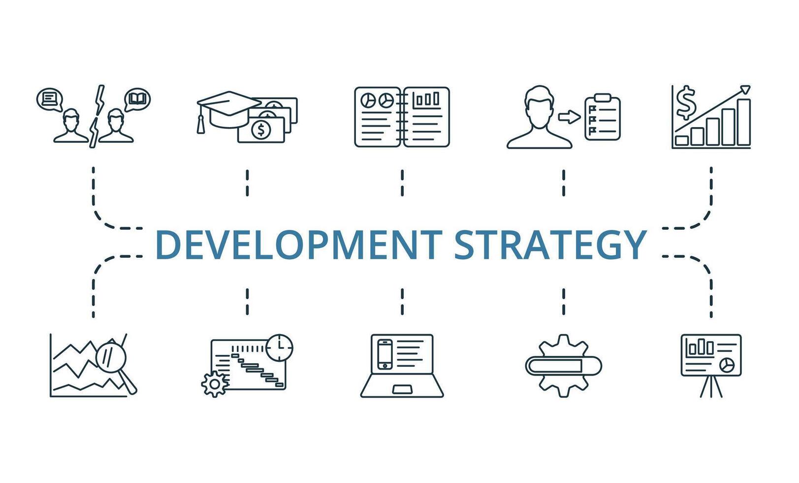 Development Strategy icon set. Monochrome simple Development Strategy icon collection. Conflict Of Interest, Grants, Executive Summary, Mission Statement, Revenue, Trend Analysis, Timeline, Product vector