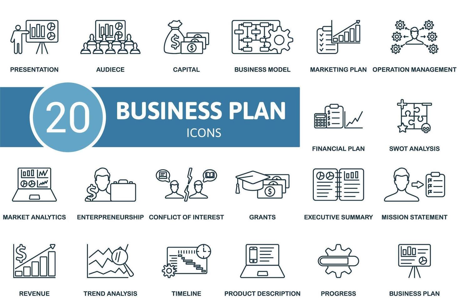 Business Plan icon set. Line Business Plan icon collection. Presentation, Audiece, Capital, Business Model, Marketing Plan, Trend Analysis, Timeline, Product Description, Progress, Business Plan icon vector