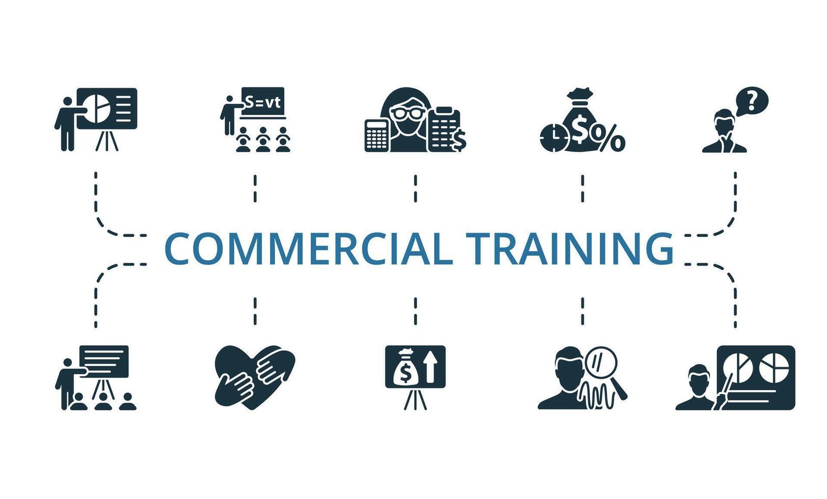 Commercial Training icon set. Monochrome simple Commercial Training icon collection. Presentation, Lessons, Accounting Staff, Loan, Thinking, Teaching, Help, Economy Project, Human Analysis, Business vector