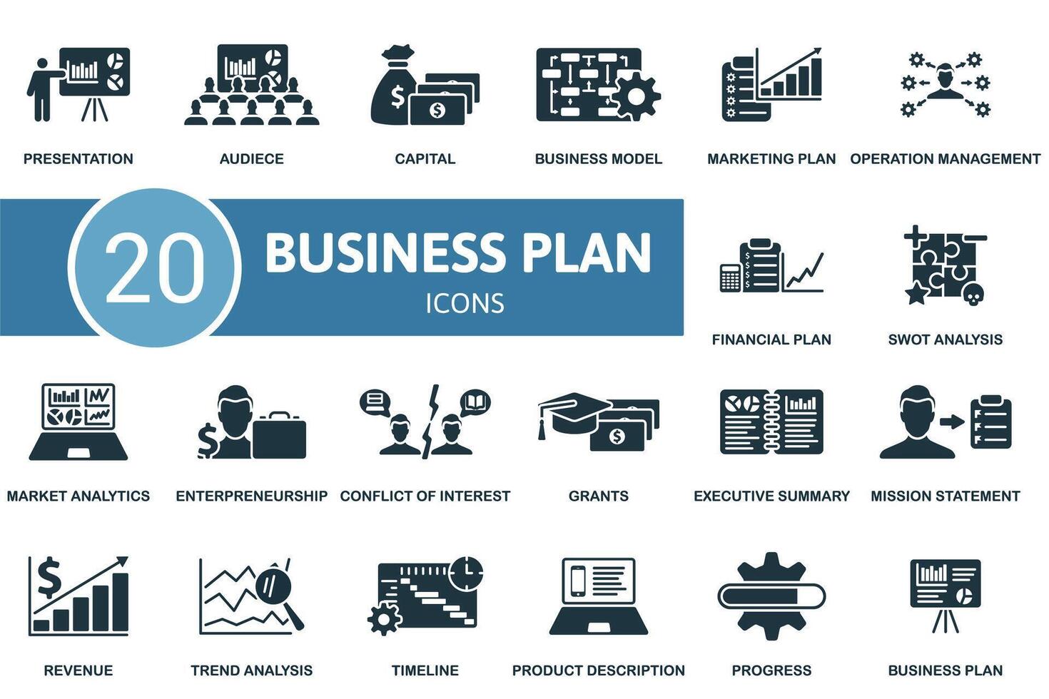 Business Plan icon set. Monochrome simple Business Plan icon collection. Presentation, Audiece, Capital, Business Model, Marketing Plan, Trend Analysis, Timeline, Product Description, Progress vector