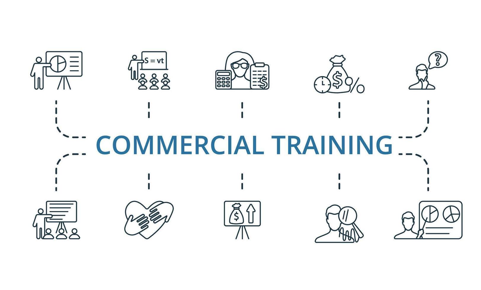 Commercial Training icon set. Monochrome simple Commercial Training icon collection. Presentation, Lessons, Accounting Staff, Loan, Thinking, Teaching, Help, Economy Project, Human Analysis, Business vector