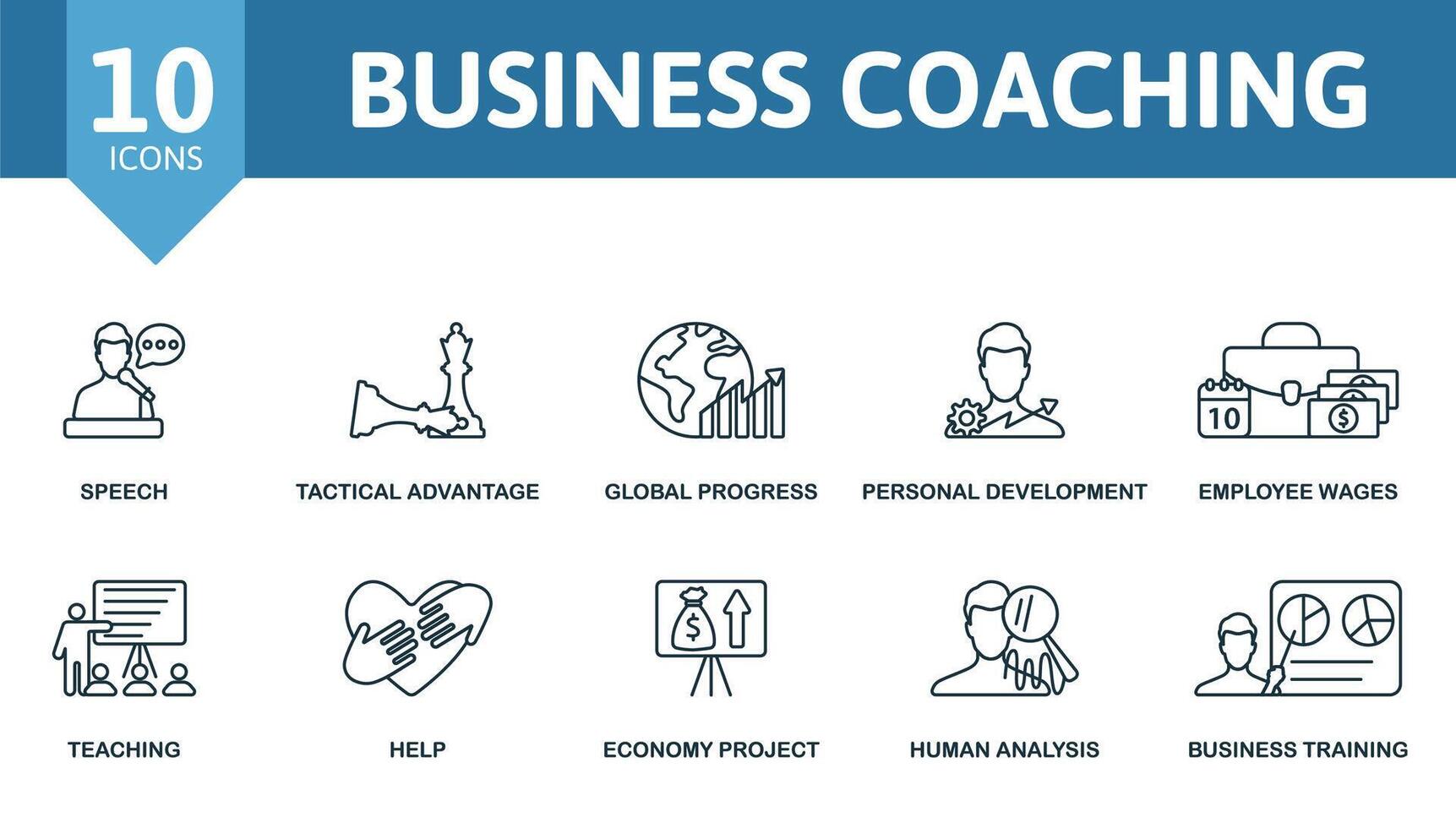 Business Coaching icon set. Monochrome simple Business Coaching icon collection. Speech, Tactical Advantage, Global Progress, Personal Development, Employee Wages, Teaching, Help, Economy Project vector