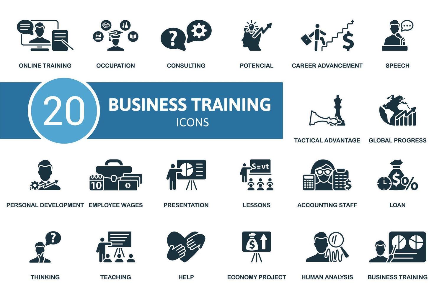 Business Training icon set. Monochrome simple Business Training icon collection. Online Training, Occupation, Consulting, Potencial, Career Advancement, Teaching, Help, Economy Project, Human Analysis vector