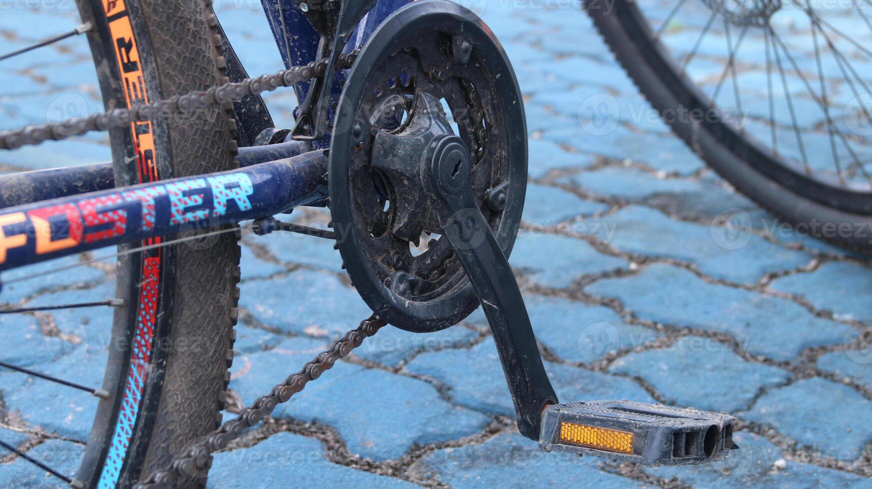 bicycle parked in blue field photo