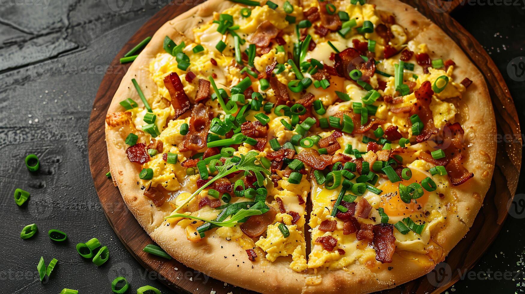 Breakfast pizza with a crispy crust, topped with scrambled eggs, bacon, cheese, and green onions. photo