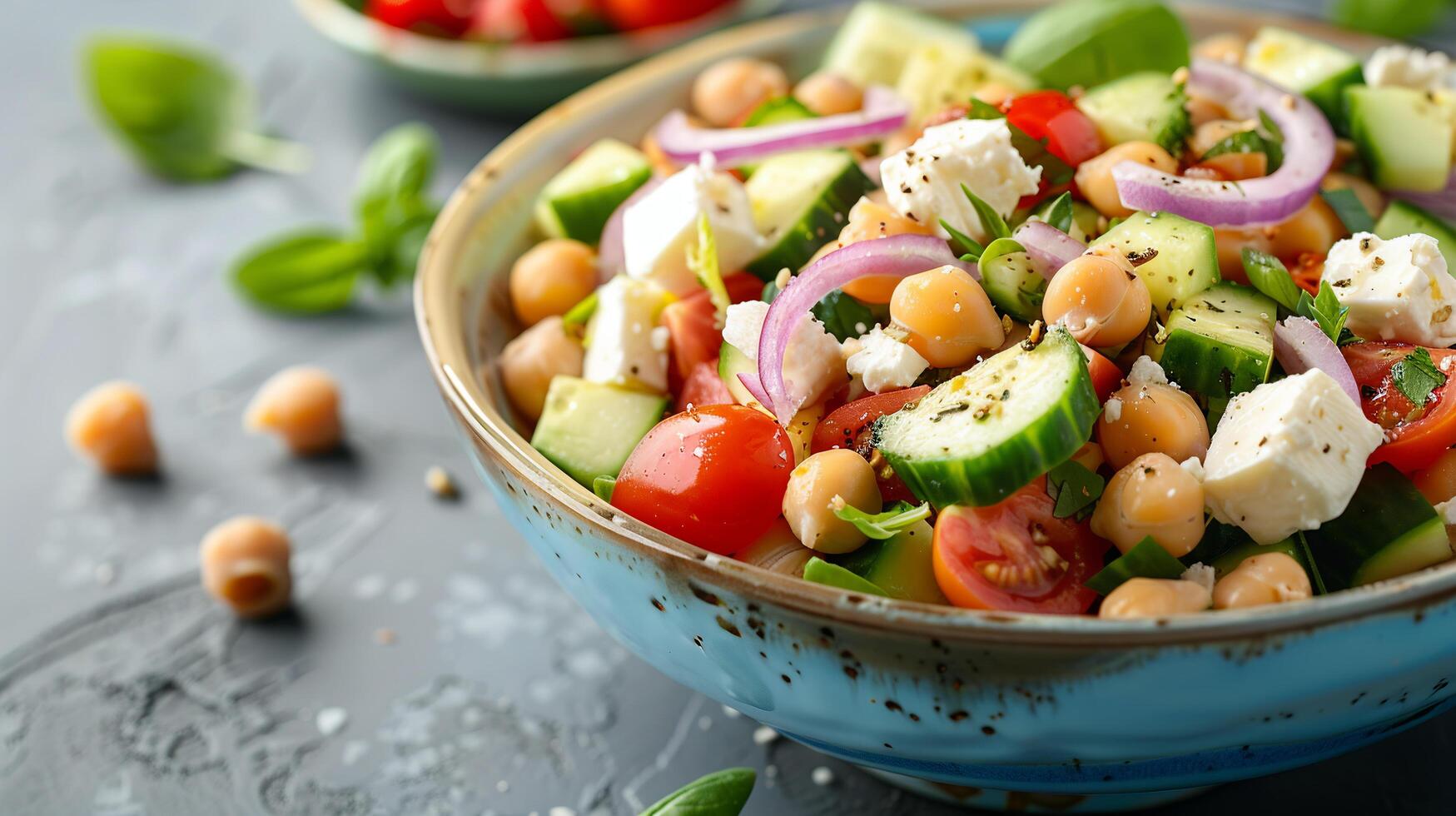 Chickpea salad with cucumbers, tomatoes, red onion, feta cheese, and lemon vinaigre photo
