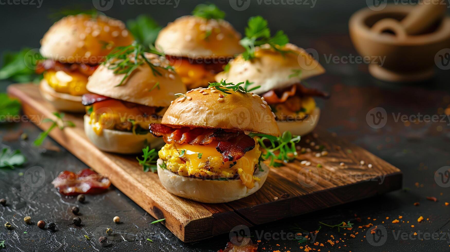Breakfast sliders featuring mini egg sandwiches with bacon and cheddar cheese on slider buns. photo