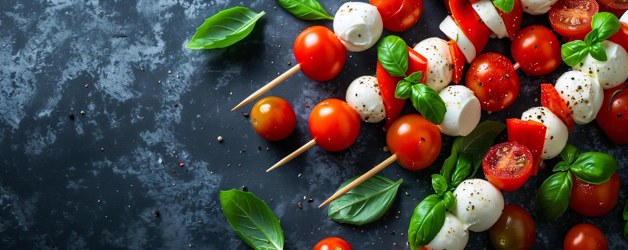 Caprese salad skewers with cherry tomatoes, mozzarella balls, and basil leaves. photo