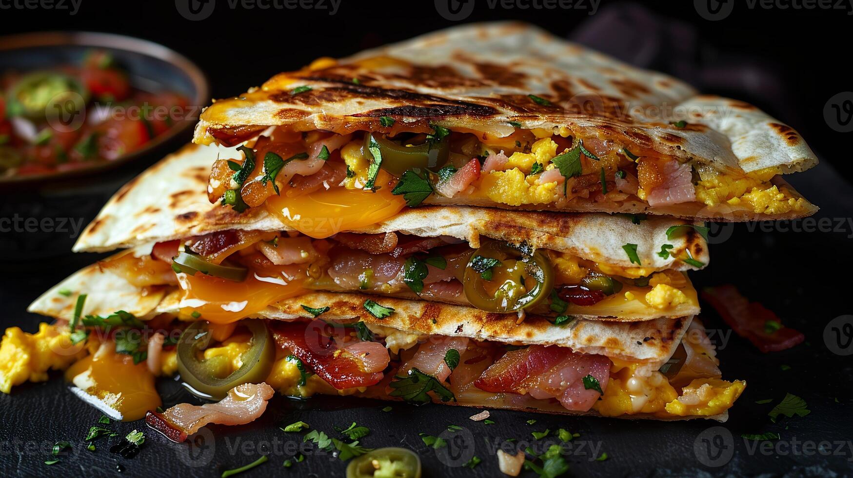 Breakfast quesadilla filled with scrambled eggs, bacon, cheese, and diced jalapenos, served with salsa. photo