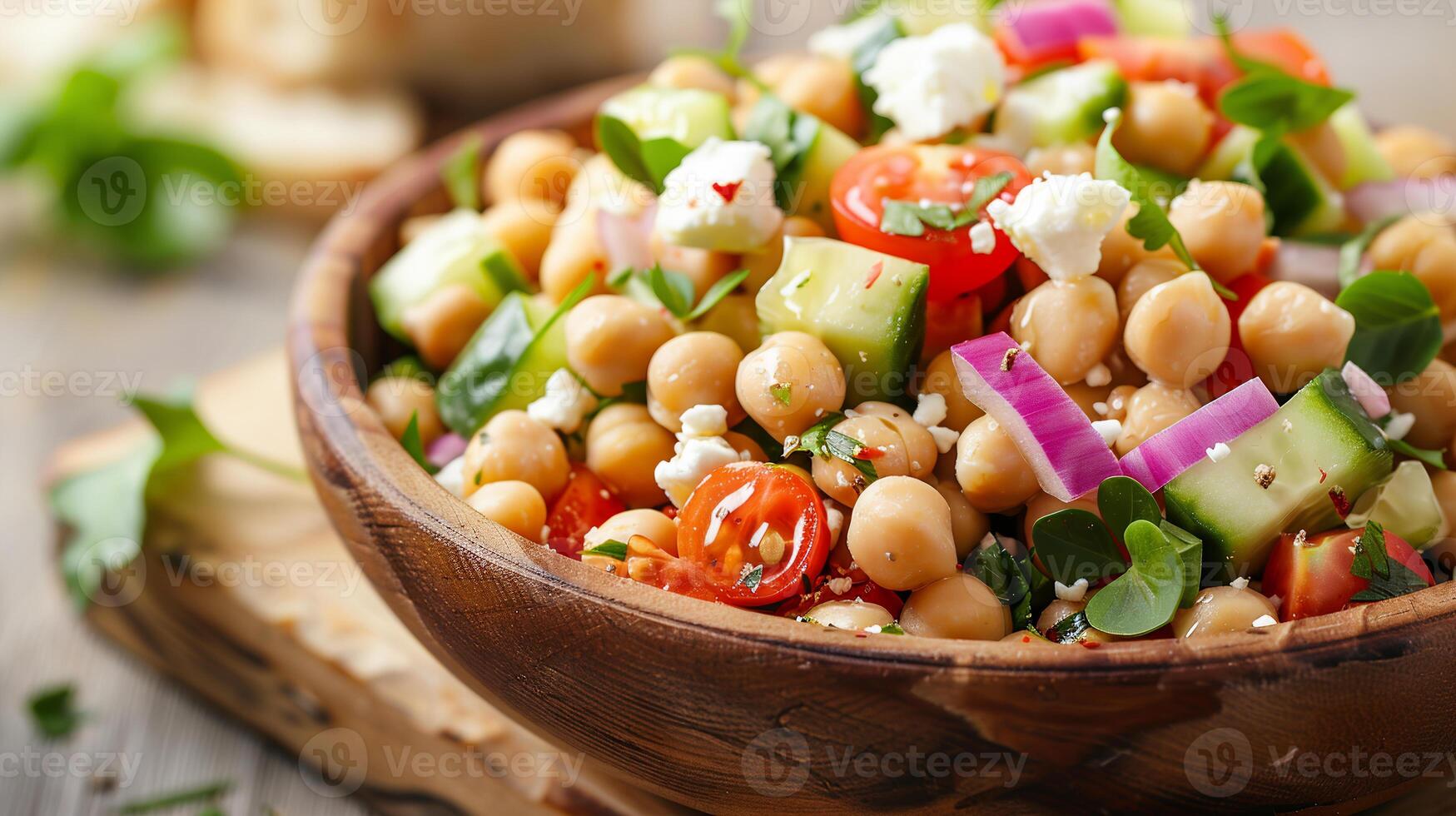 Chickpea salad with cucumbers, tomatoes, red onion, feta cheese, and lemon vinaigre photo