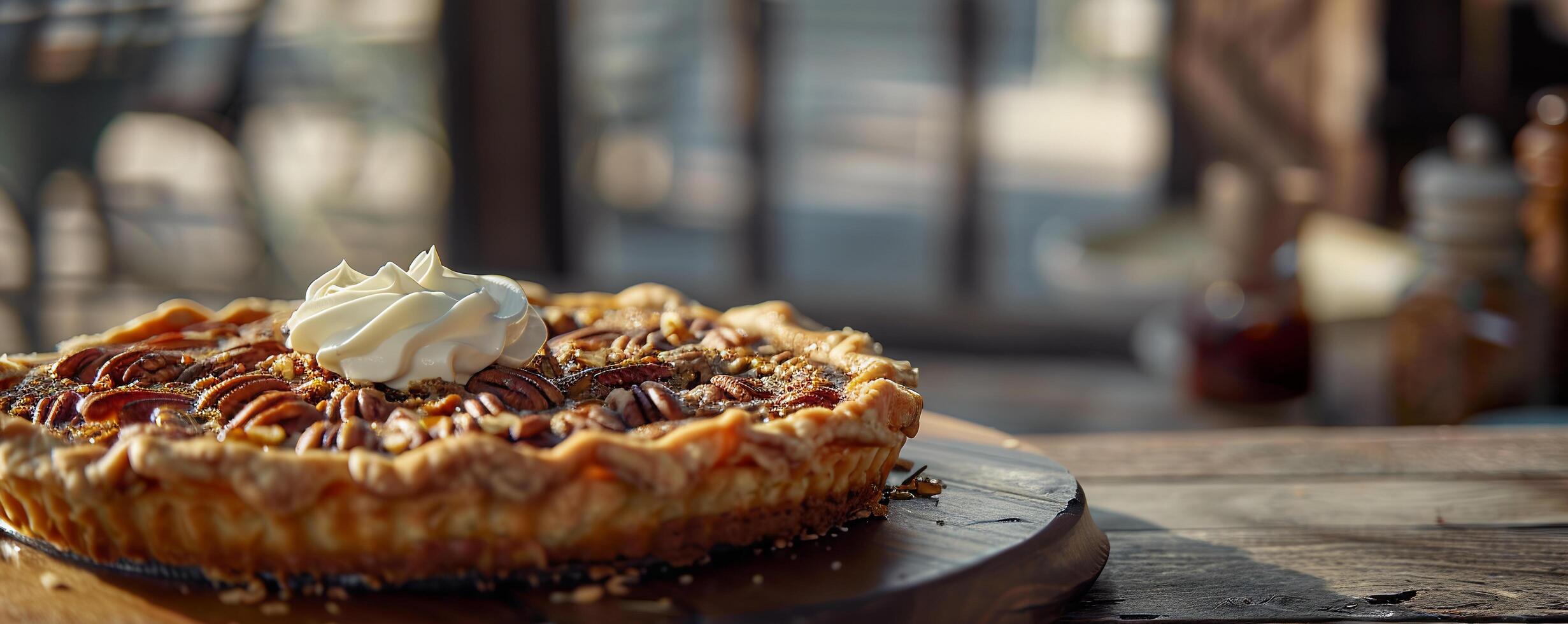 Buttery pecan pie with a golden crust, served with whipped cream. photo