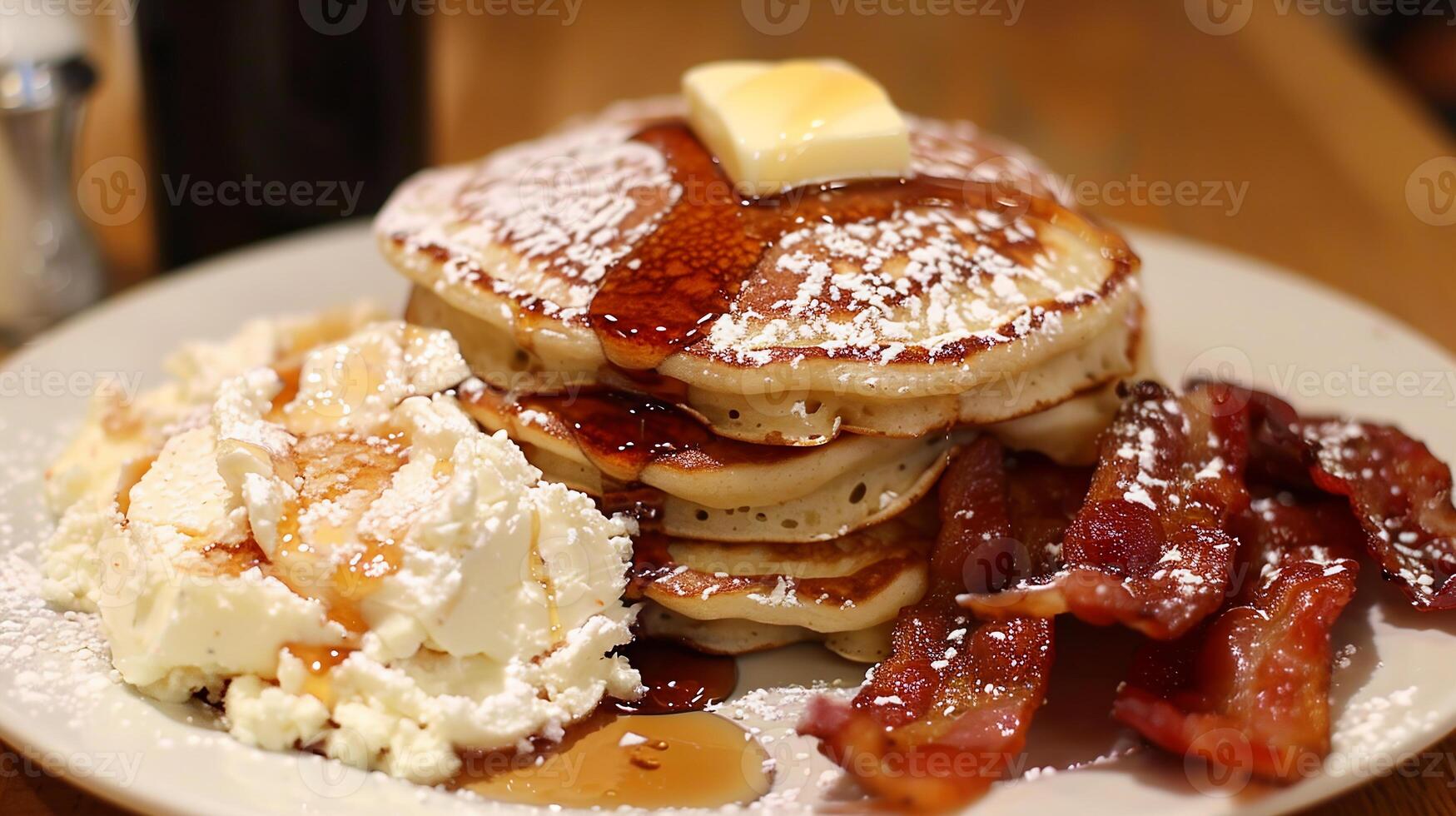 Fluffy pancakes stacked high and drizzled with maple syrup, served with fresh berries. photo