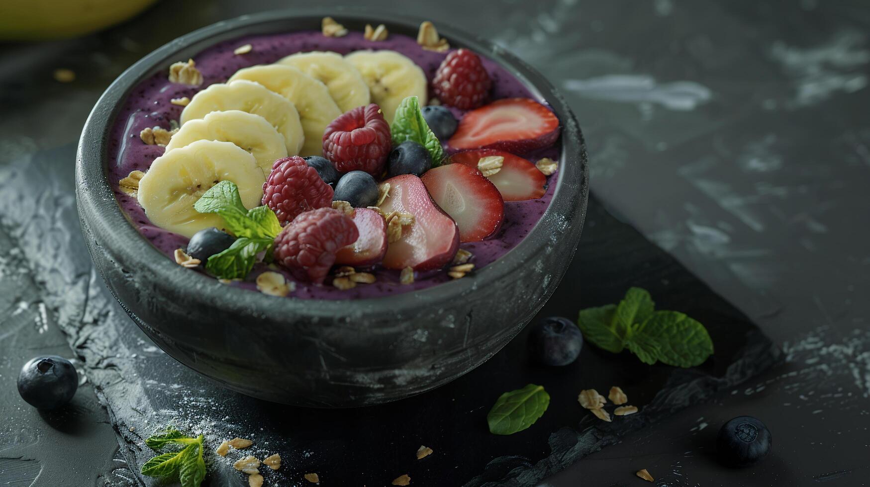 Breakfast smoothie bowl with blended acai, banana, spinach, and almond milk, topped with sliced fruit. photo