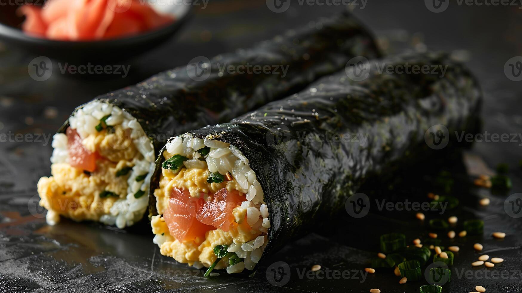 Breakfast sushi roll filled with scrambled eggs, avocado, and smoked salmon, wrapped in nori and rice. photo