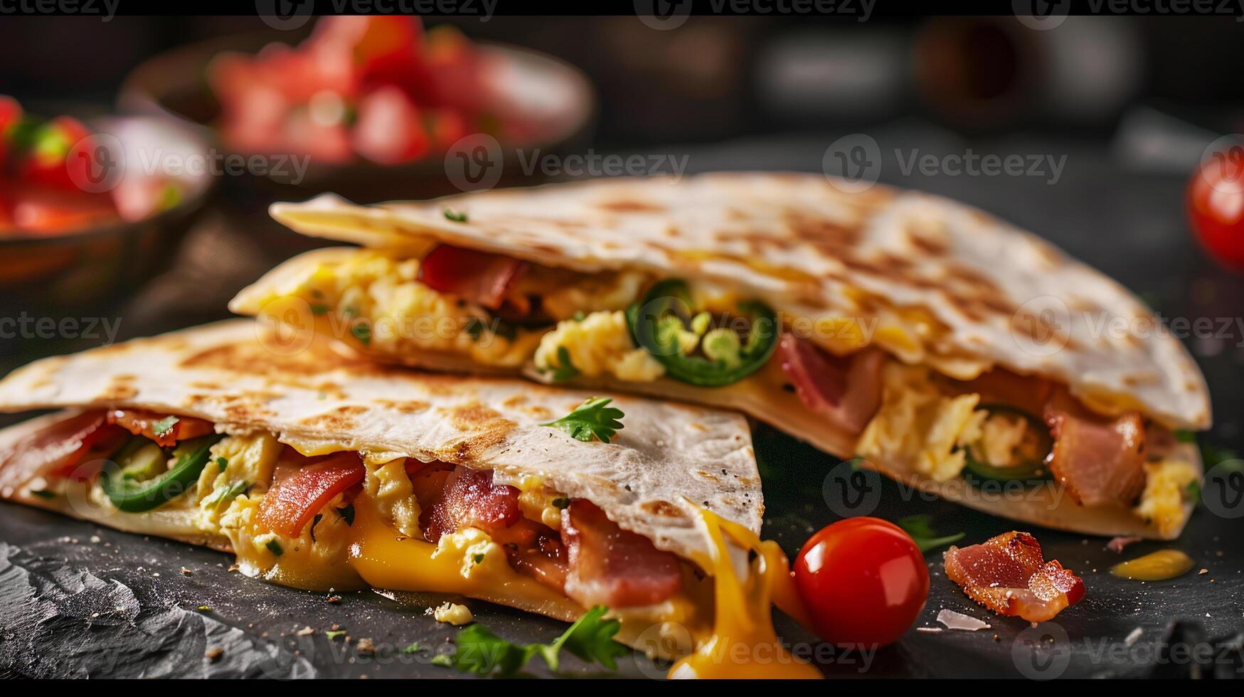 Breakfast quesadilla filled with scrambled eggs, bacon, cheese, and diced jalapenos, served with salsa. photo