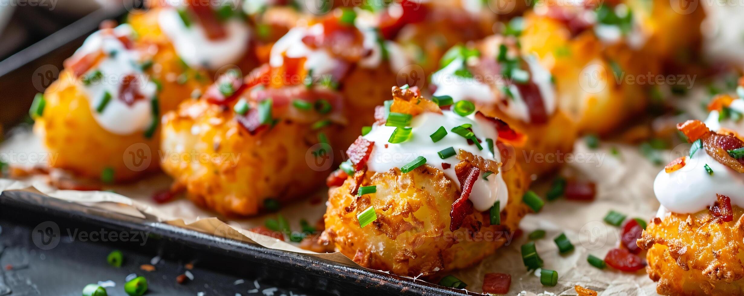 Cheesy loaded tater tots topped with bacon, sour cream, and chives. photo