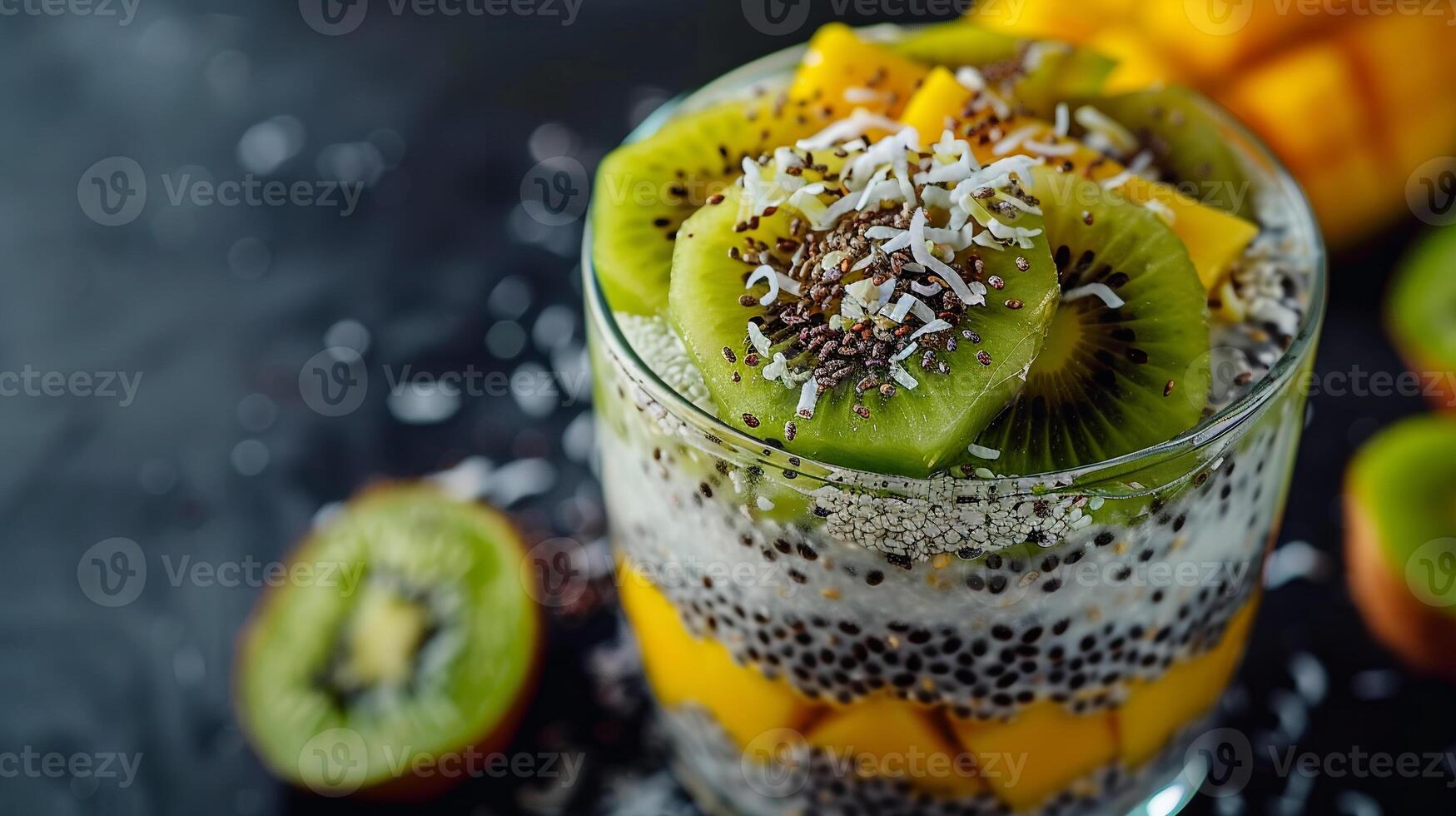 Chia seed pudding topped with sliced kiwi, mango, and a sprinkle of toasted coconut flakes. photo