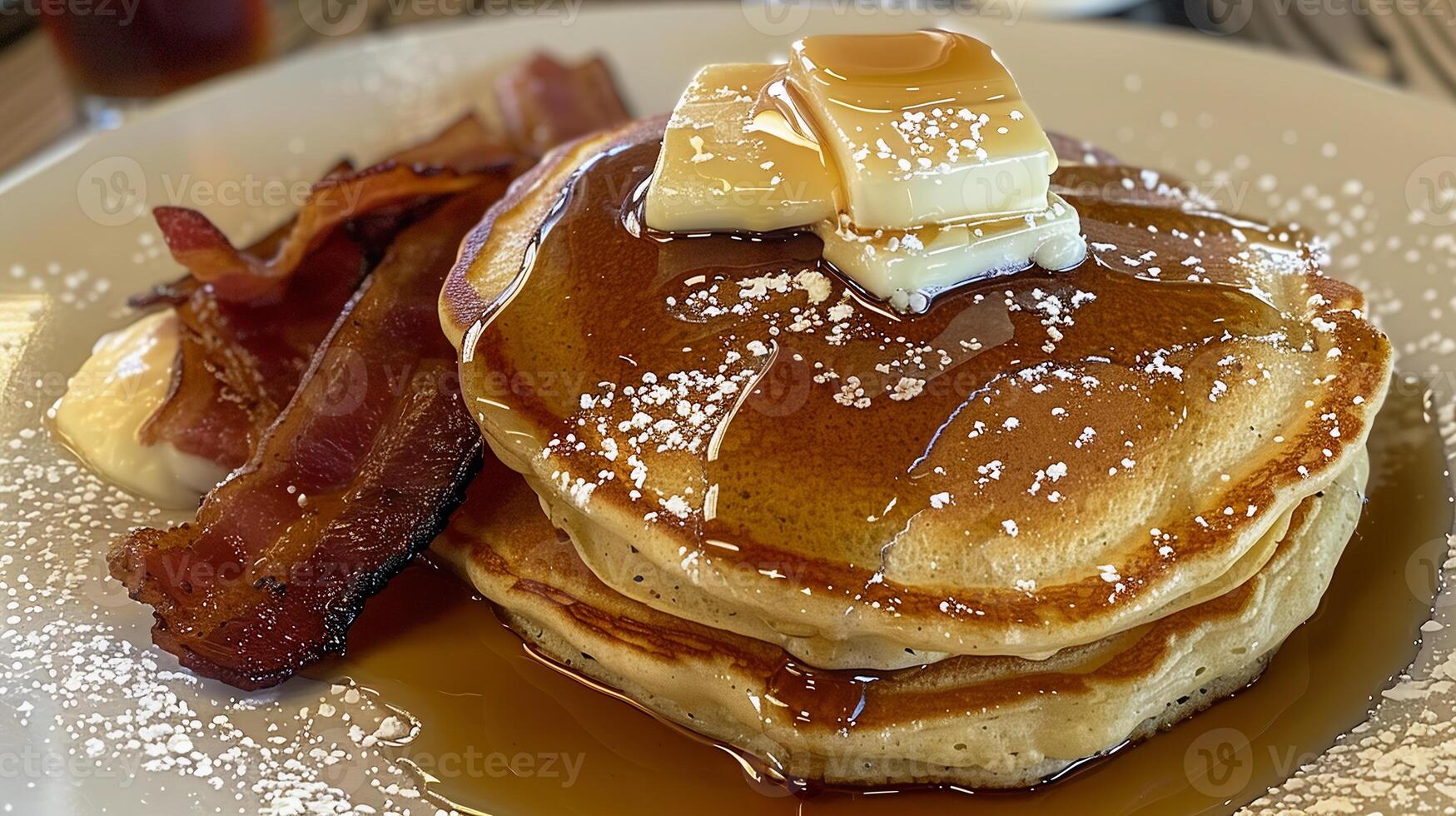 Fluffy pancakes stacked high and drizzled with maple syrup, served with fresh berries. photo