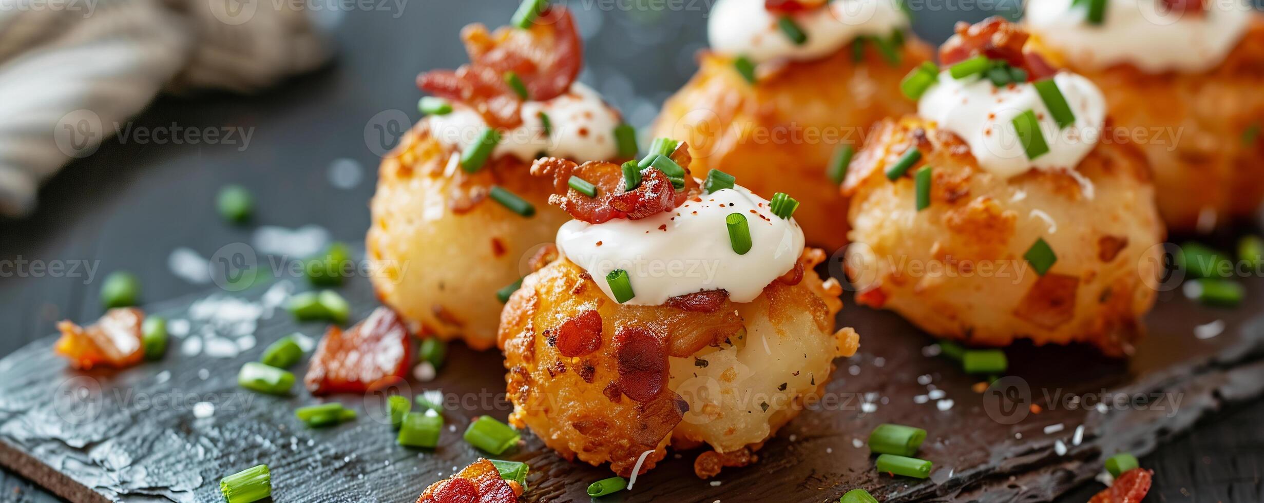 Cheesy loaded tater tots topped with bacon, sour cream, and chives. photo