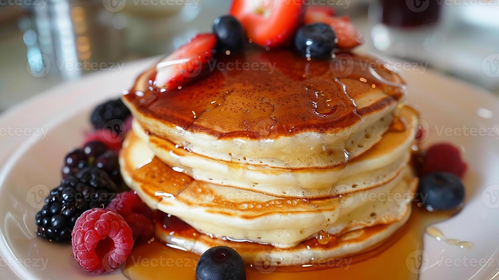 Fluffy pancakes stacked high and drizzled with maple syrup, served with fresh berries. photo