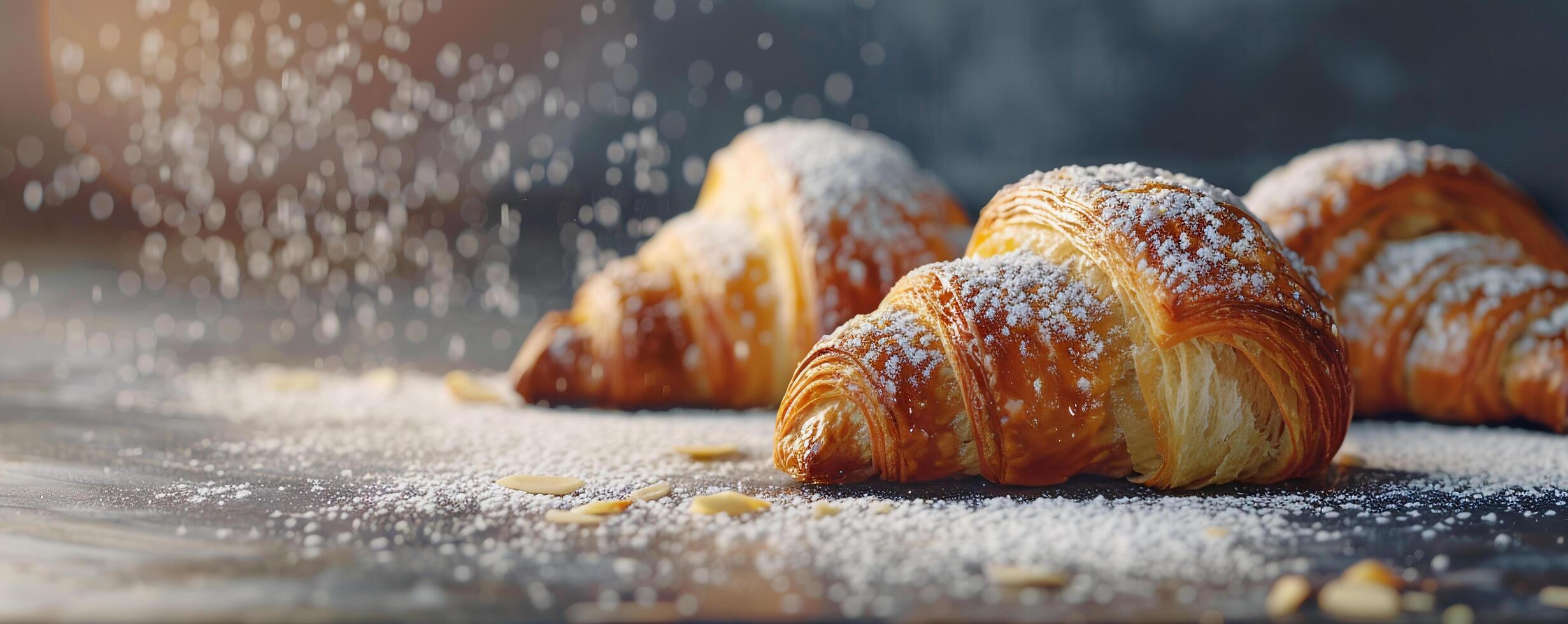 Buttery croissants filled with almond paste and dusted with powdered sugar. photo