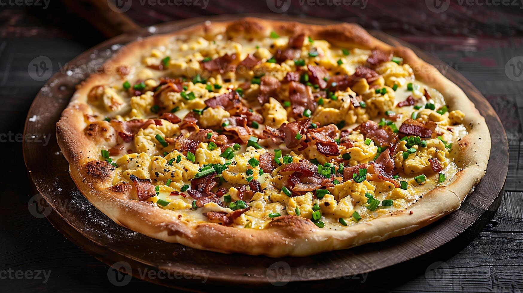 Breakfast pizza with a crispy crust, topped with scrambled eggs, bacon, cheese, and green onions. photo