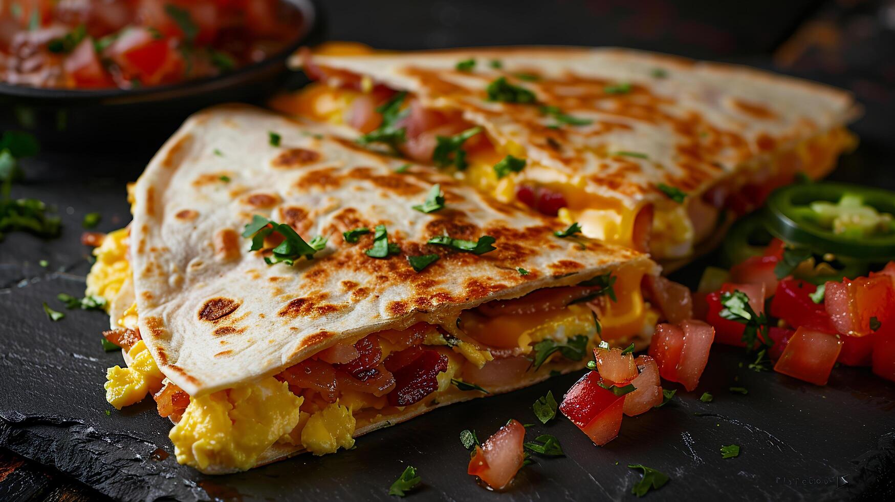 Breakfast quesadilla filled with scrambled eggs, bacon, cheese, and diced jalapenos, served with salsa. photo