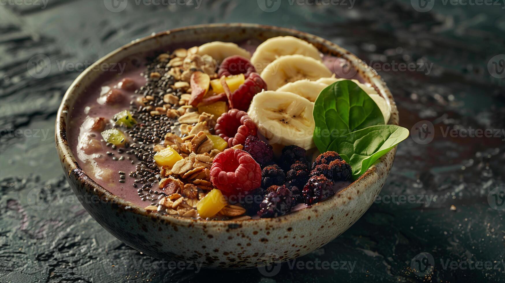 Breakfast smoothie bowl with blended acai, banana, spinach, and almond milk, topped with sliced fruit. photo