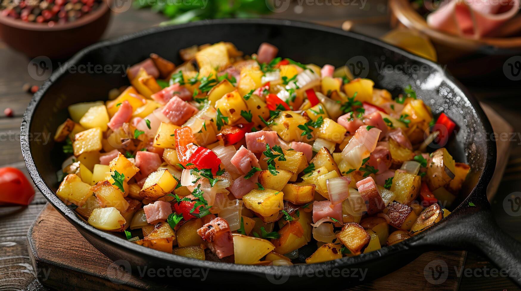 Breakfast hash made with diced potatoes, bell peppers, onions, and diced ham, served in a skillet. photo
