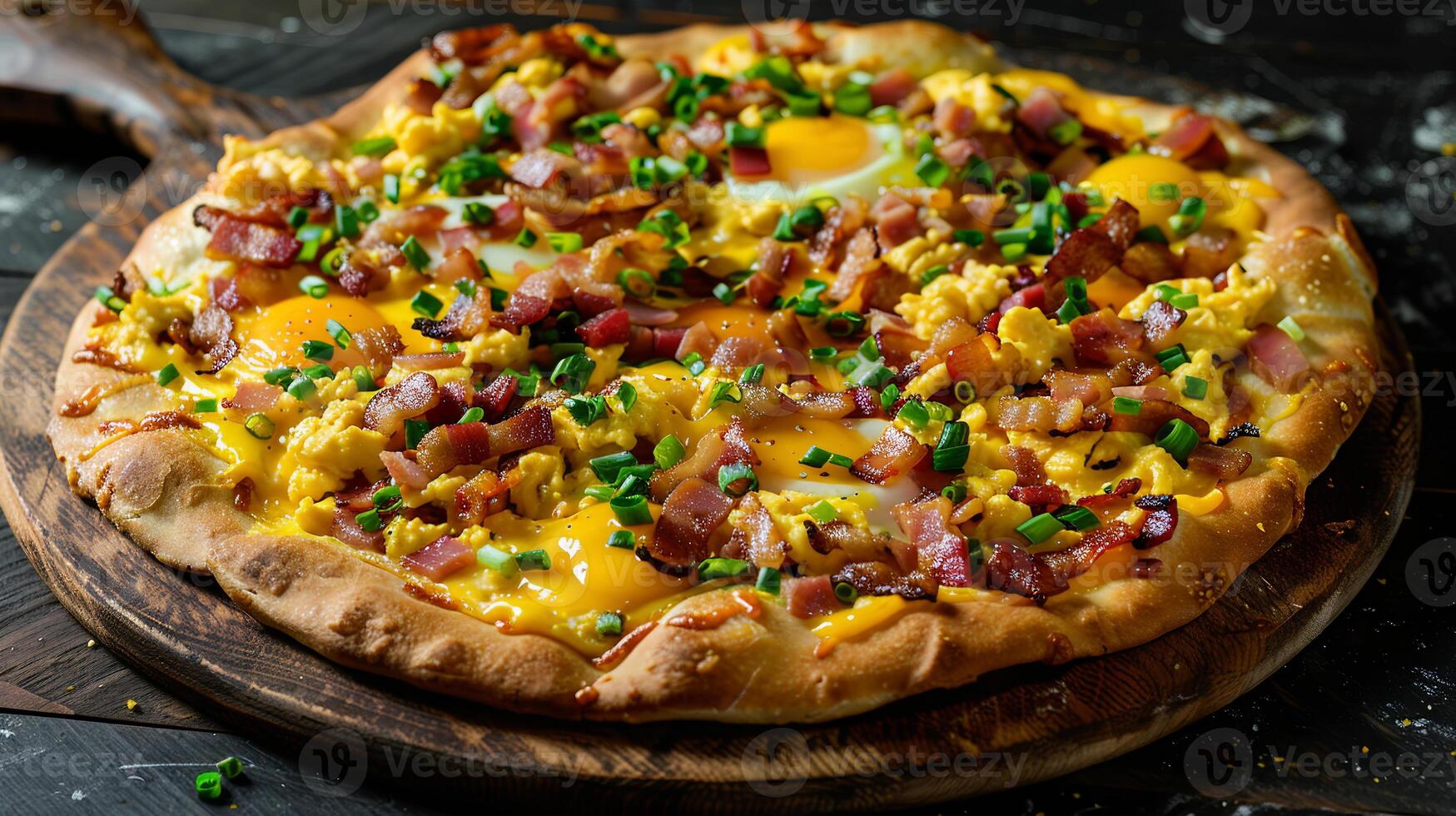 Breakfast pizza with a crispy crust, topped with scrambled eggs, bacon, cheese, and green onions. photo