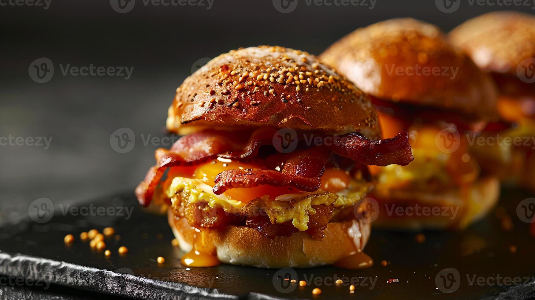 Breakfast sliders featuring mini egg sandwiches with bacon and cheddar cheese on slider buns. photo