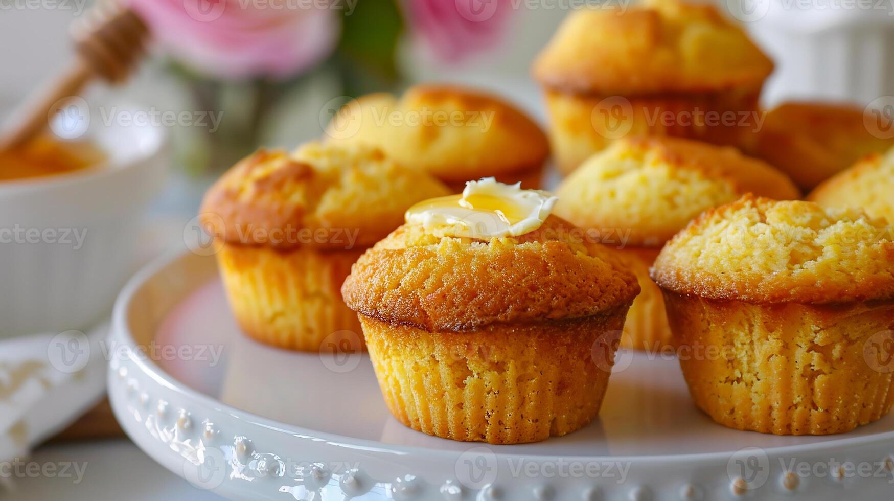 Golden brown cornbread muffins with a tender crumb, served with honey butter. photo
