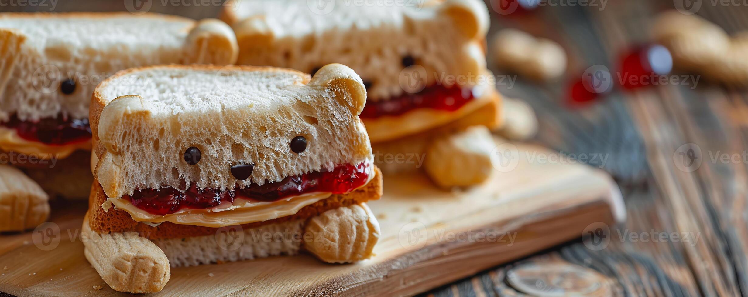 Adorable teddy bear-shaped peanut butter and jelly sandwiches on whole wheat bread. photo