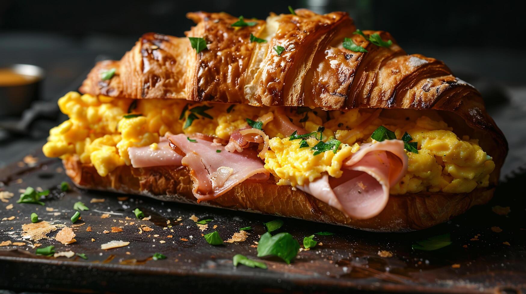 Croissant breakfast sandwich with scrambled eggs, ham, and Swiss cheese, served warm. photo