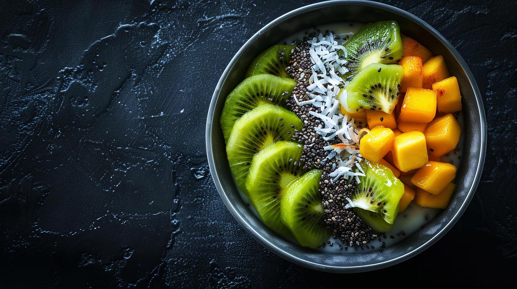 Chia seed pudding topped with sliced kiwi, mango, and a sprinkle of toasted coconut flakes. photo