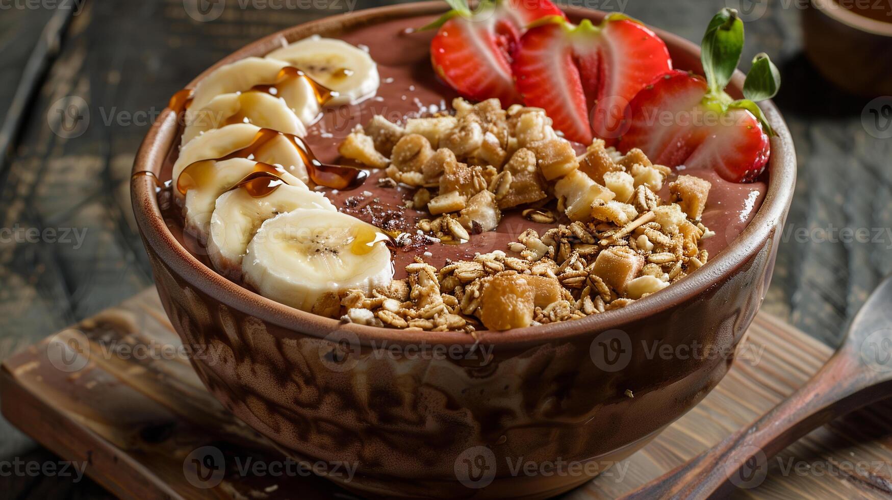 Acai bowl topped with granola, sliced bananas, strawberries, and a drizzle of honey. photo