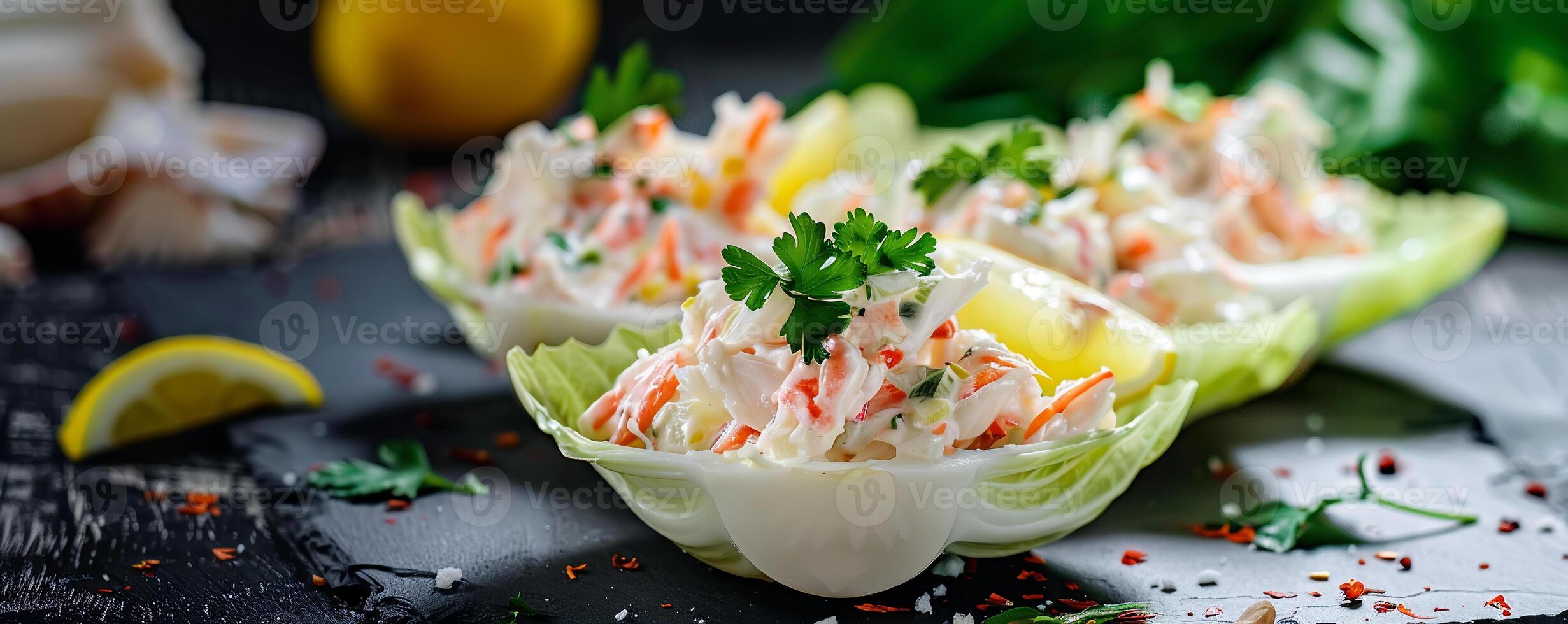 Crab salad served in endive leaves with a lemon wedge garnish. photo