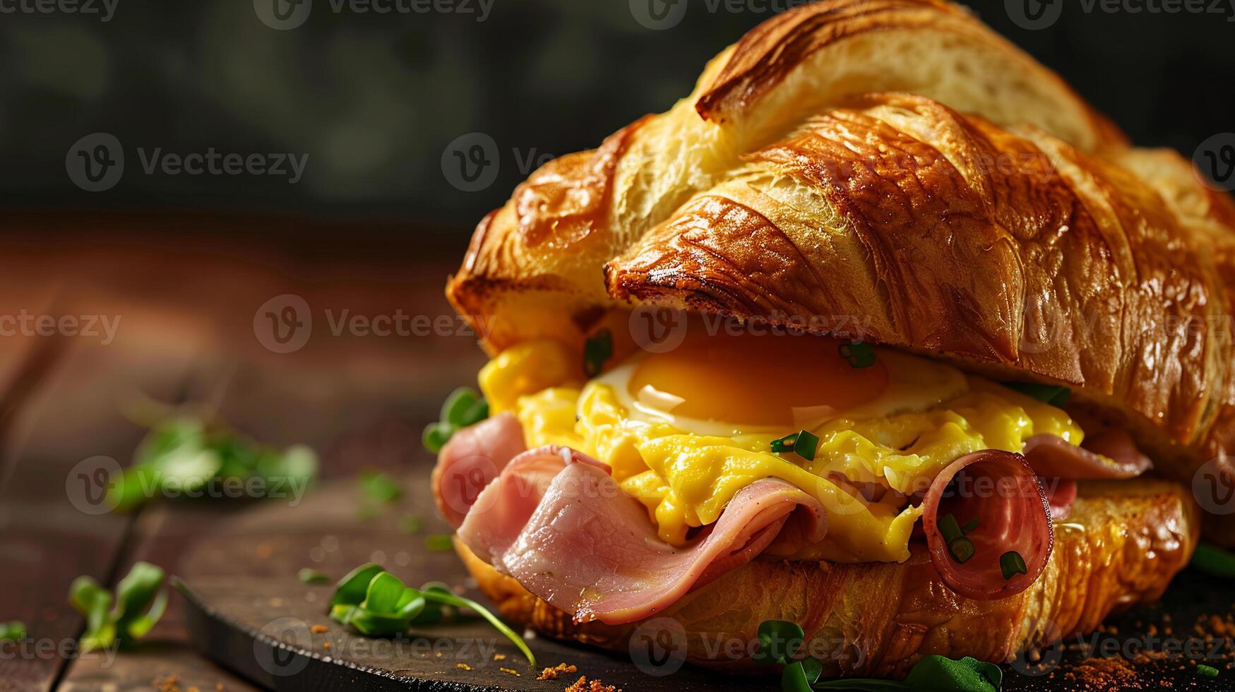 Croissant breakfast sandwich with scrambled eggs, ham, and Swiss cheese, served warm. photo