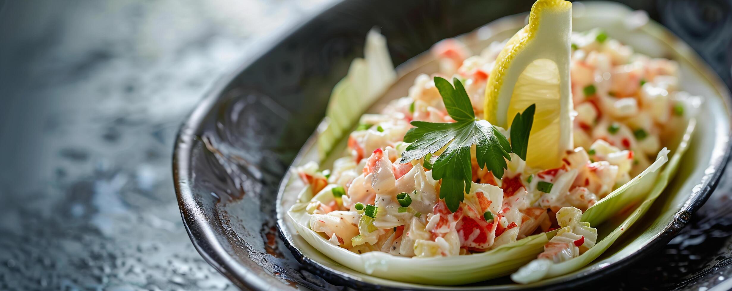 Crab salad served in endive leaves with a lemon wedge garnish. photo