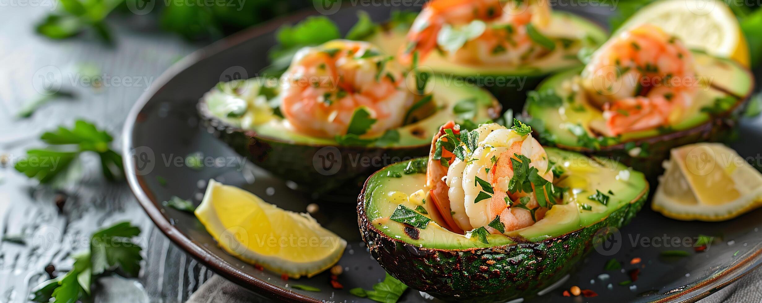 Avocado shrimp salad served in avocado halves with lemon wedges. photo