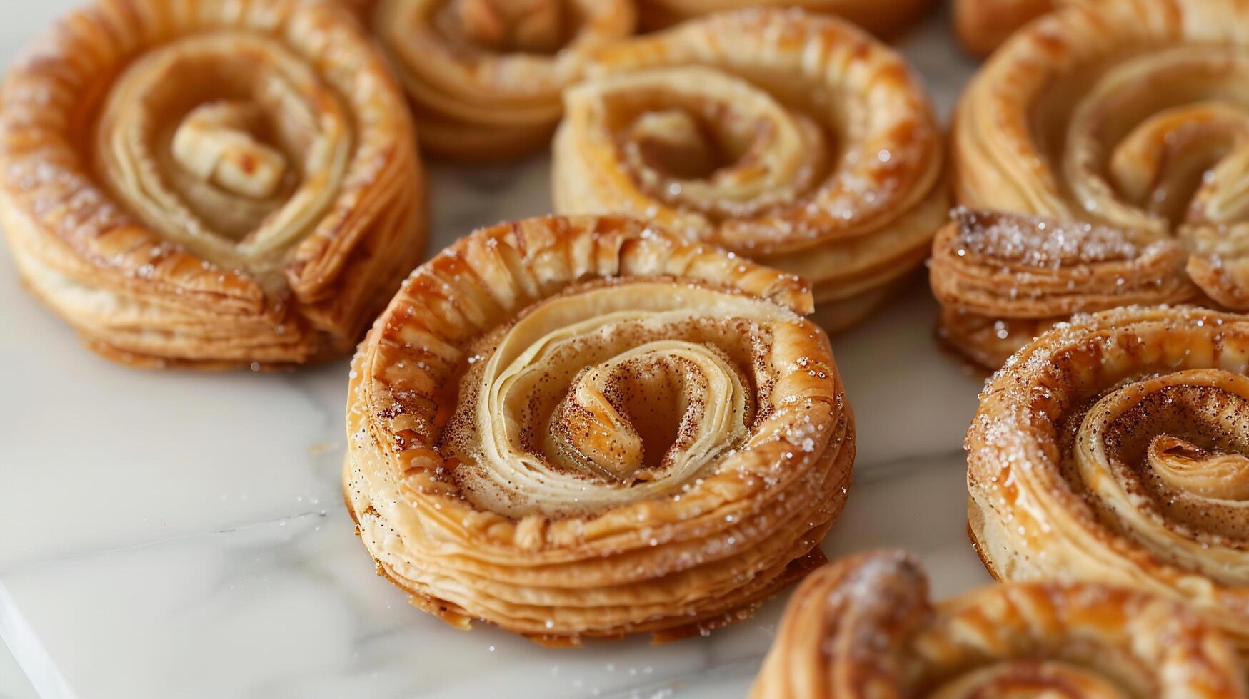 Crisp palmiers with layers of puff pastry and cinnamon sugar, shaped like palm leaves. photo
