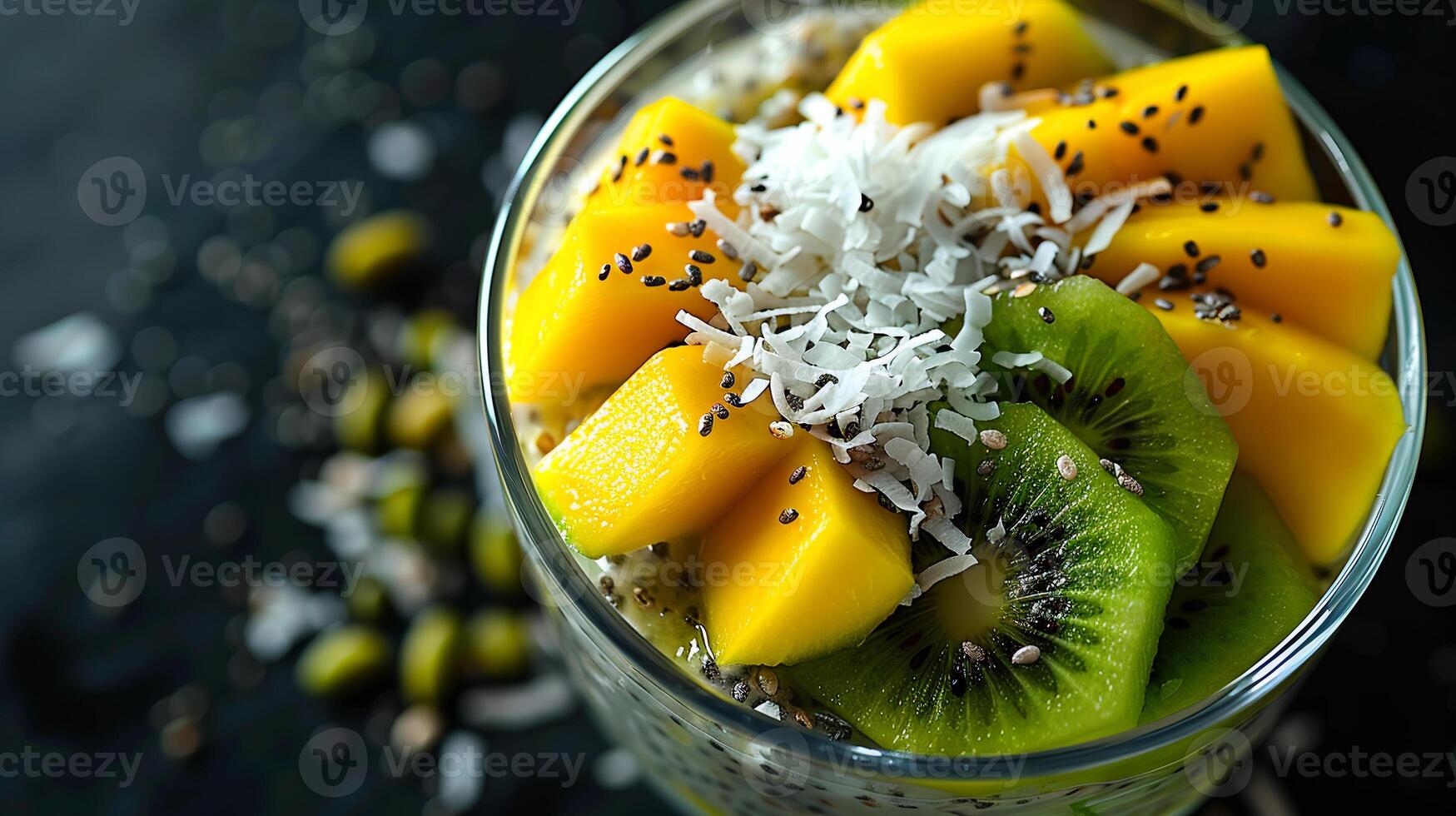 Chia seed pudding topped with sliced kiwi, mango, and a sprinkle of toasted coconut flakes. photo