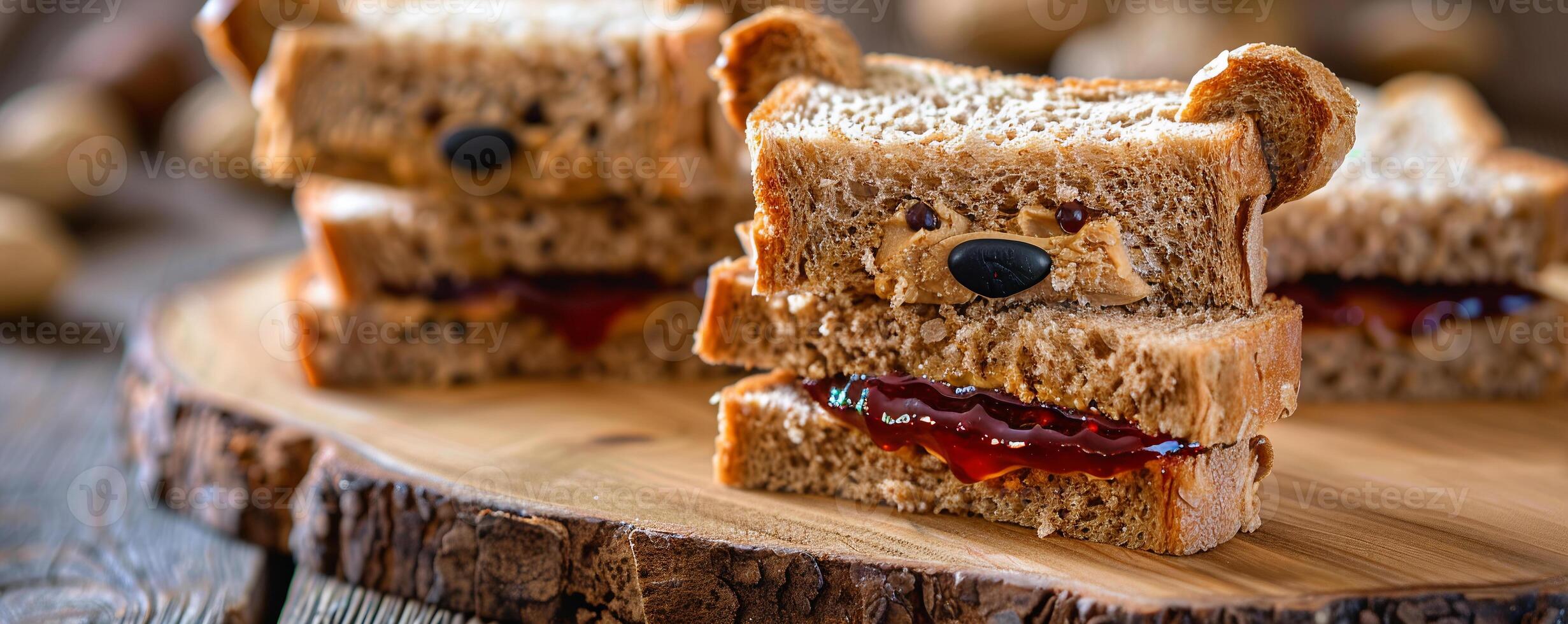 Adorable teddy bear-shaped peanut butter and jelly sandwiches on whole wheat bread. photo