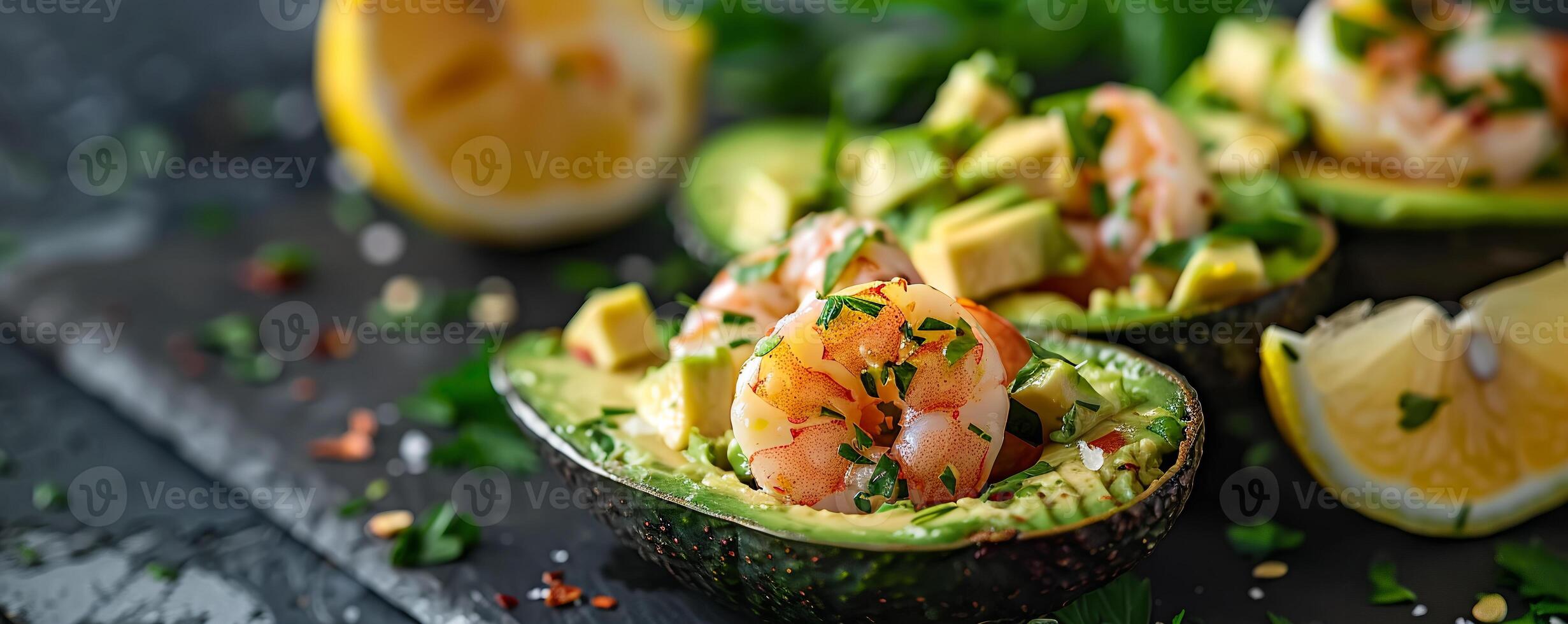 Avocado shrimp salad served in avocado halves with lemon wedges. photo