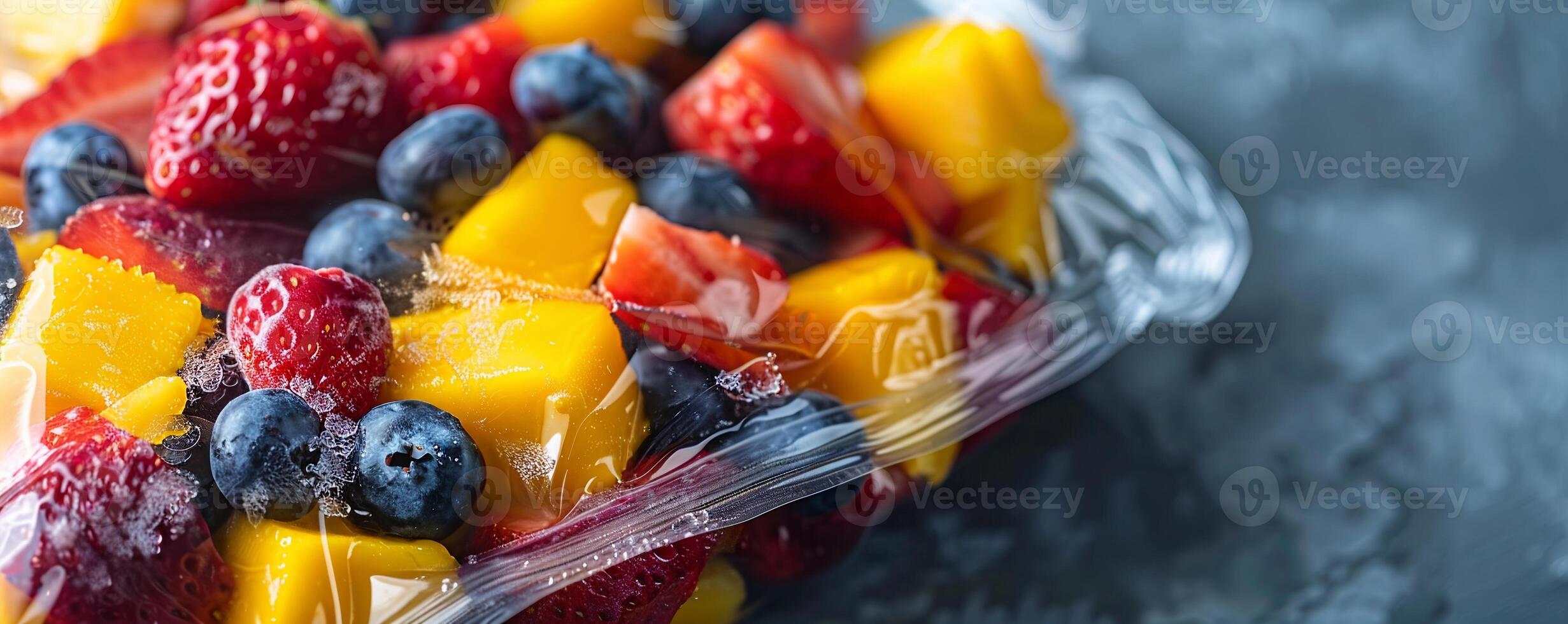 Bag of frozen fruit medley with strawberries, blueberries, and mango chunks. photo