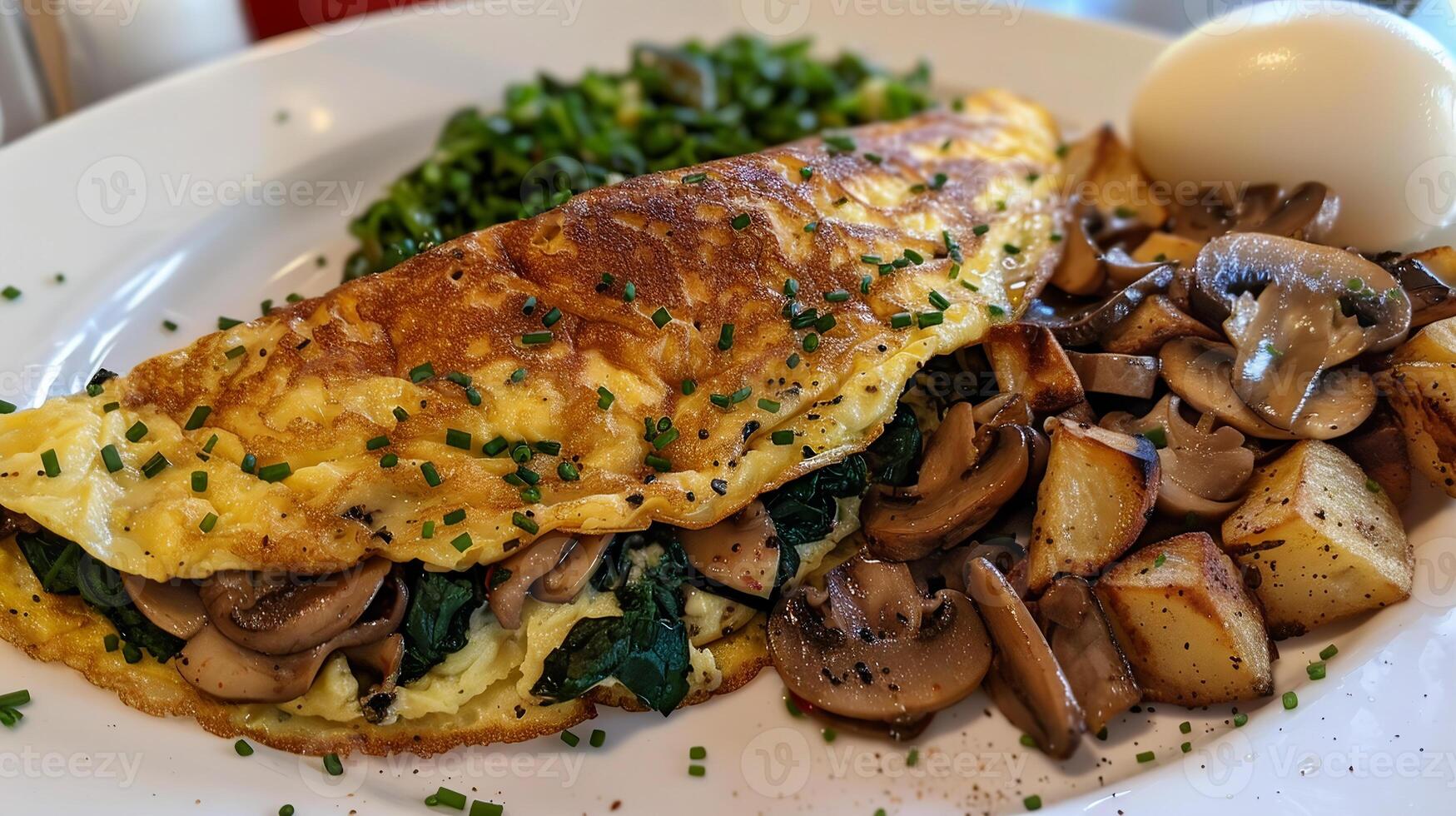 Omelette filled with sauteed mushrooms, spinach, and melted cheese, served with hash browns. photo