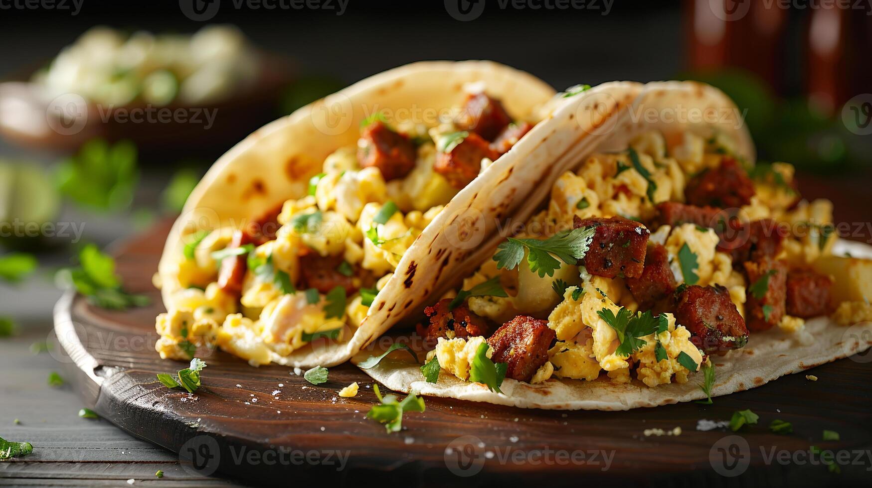 Breakfast tacos filled with scrambled eggs, chorizo, diced potatoes, and salsa verde. photo