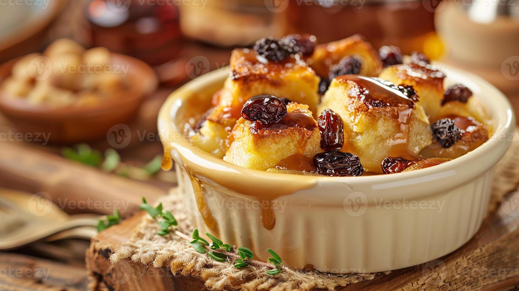 Warm bread pudding with raisins and a bourbon caramel sauce, served in a ramekin. photo