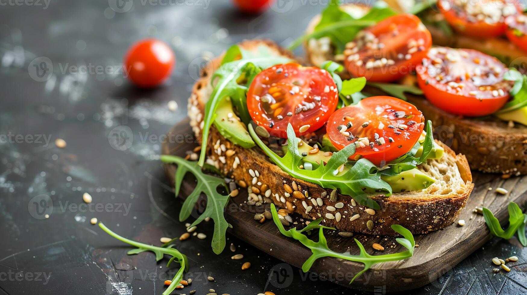 Whole grain avocado toast topped with cherry tomatoes, arugula, and a sprinkle of hemp seeds. photo