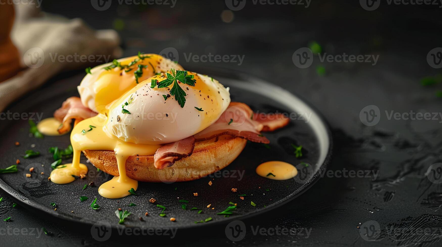 Classic eggs Benedict with poached eggs, Canadian bacon, and hollandaise sauce on an English muffin. photo